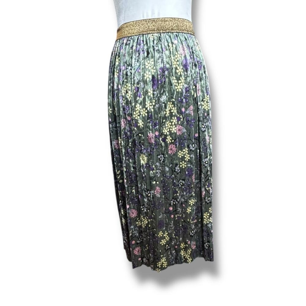 ModCloth Green Floral Pleated Velvet Midi Skirt Gold Glitter Waist Dark Romance - Picture 4 of 11